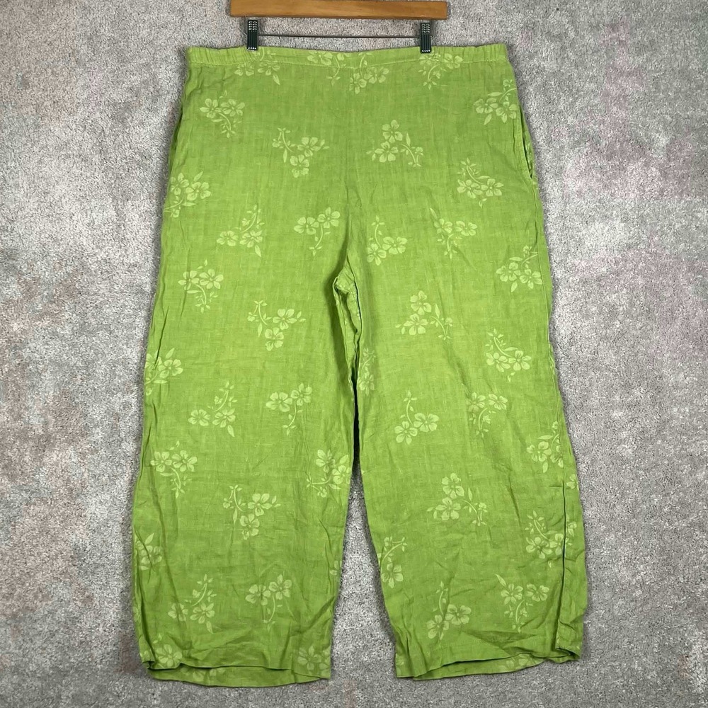 Russ Berens Womens Malibu USA Green Floral 100% Linen Wide Leg Pants Large 40x24